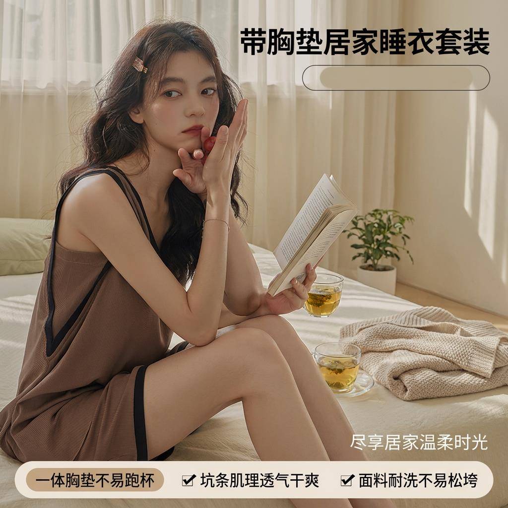 带胸垫睡衣夏季凉感女夏季冰丝螺纹 背心短裤休闲学生无袖家居服