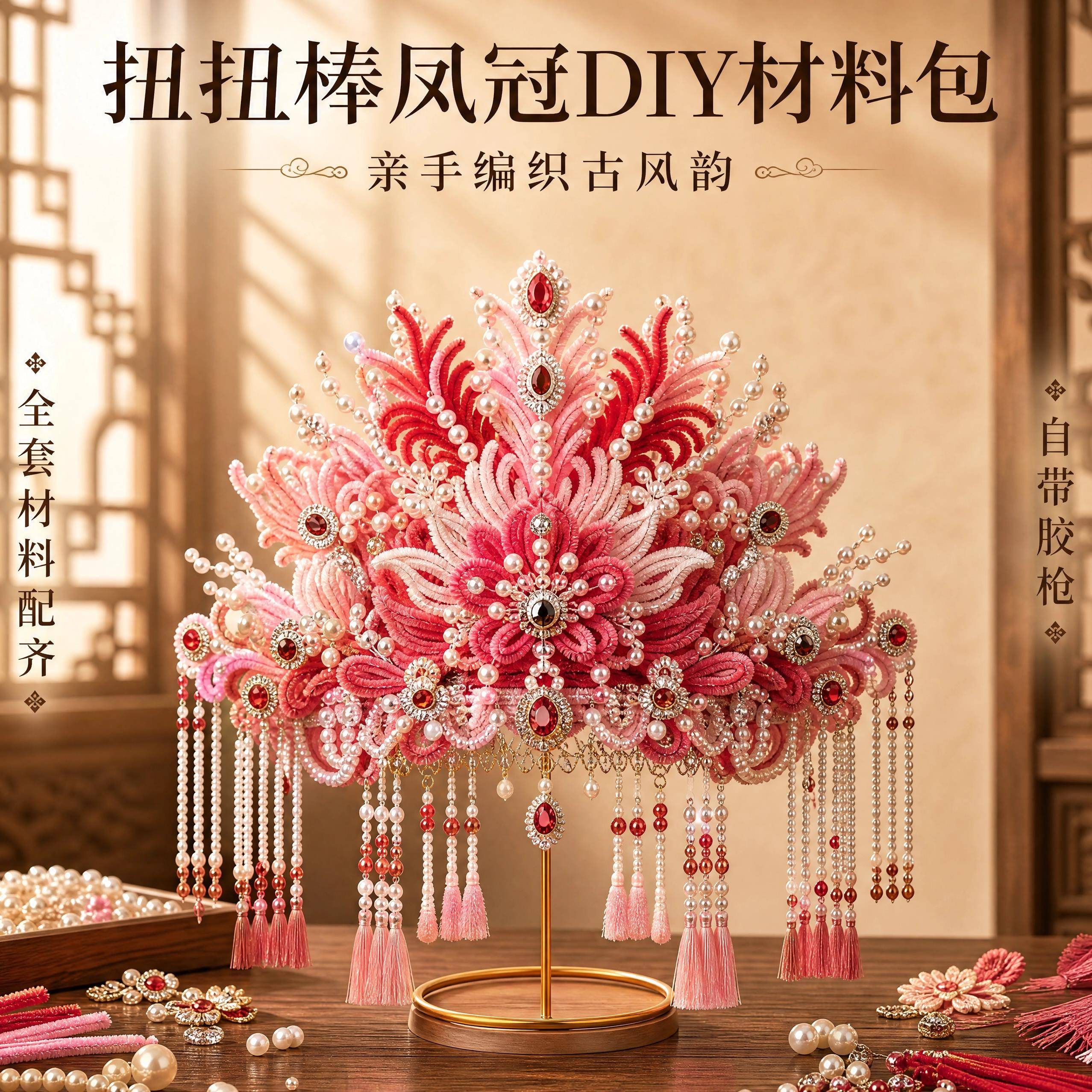 新款粉黛扭扭棒凤冠手工diy材料包全套胶枪头饰红色帽子送女朋友