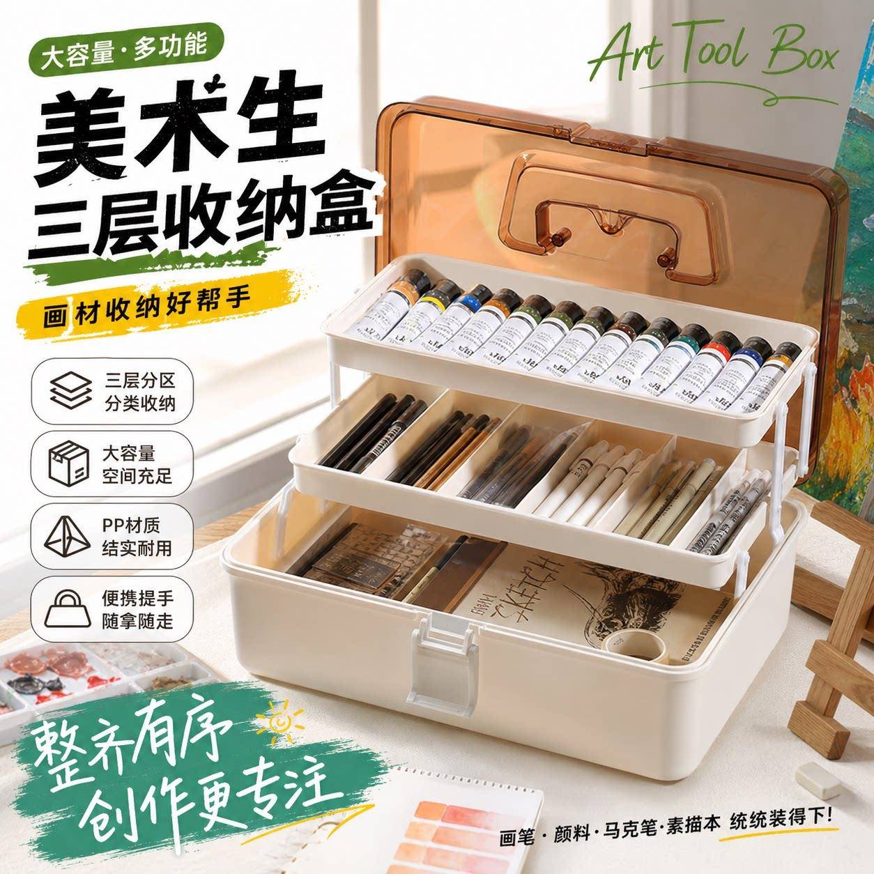 美术生工具收纳盒三层折叠手提式塑料笔盒美术生素描笔专用大容量