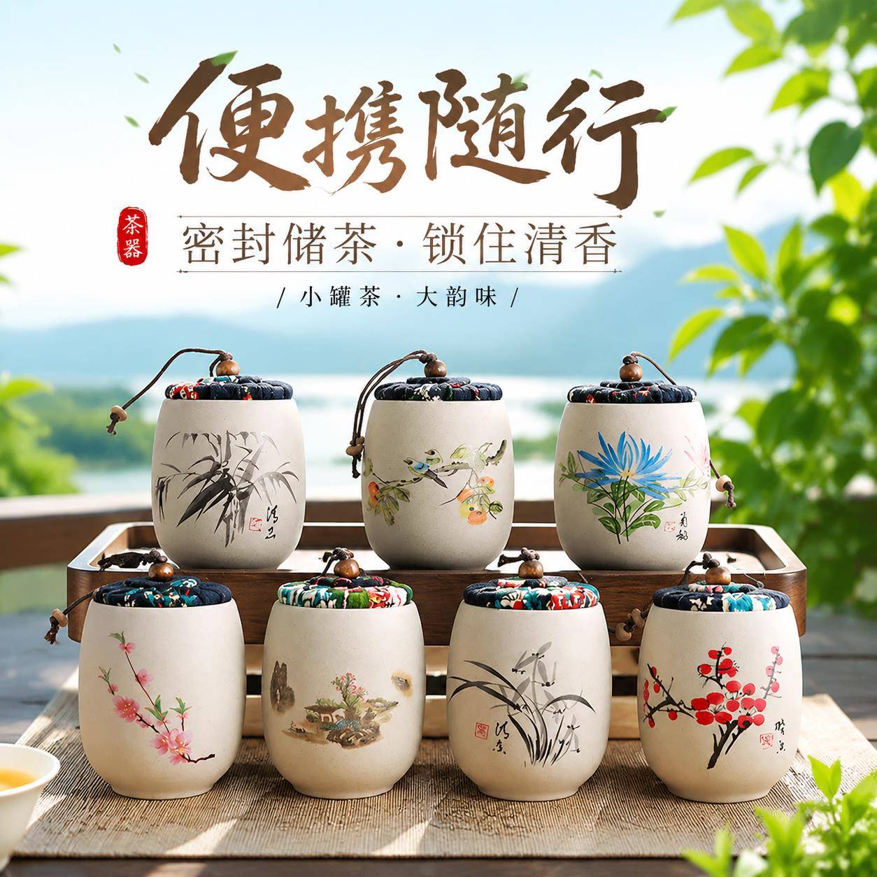 茶叶罐小号便携迷你旅行陶瓷粗陶梅兰竹菊密封空罐随身储存罐家用