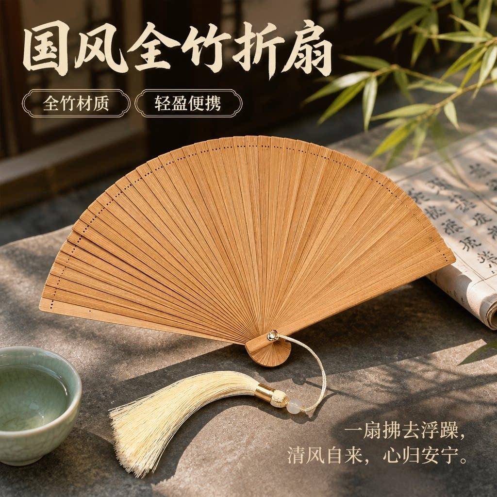 折扇中国风古风夏天便携旗袍汉服女全竹扇儿童跳舞小巧扇子可