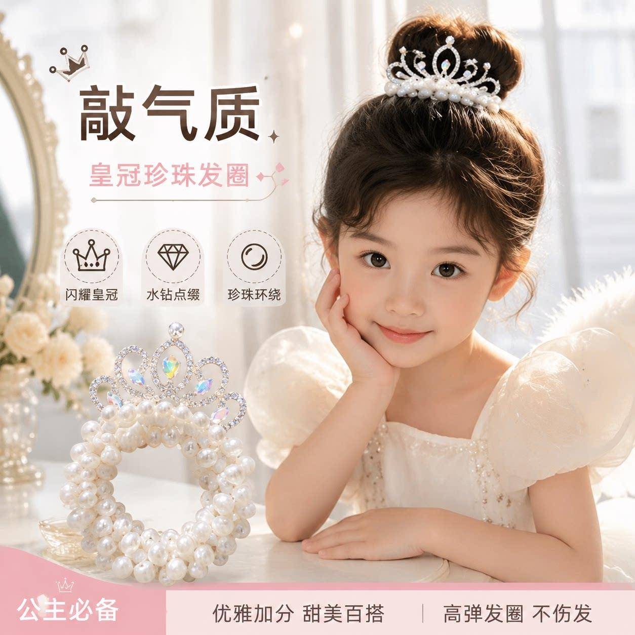 儿童公主皇冠仿珍珠发圈2026新款高级感丸子头发绳高弹力头绳头饰