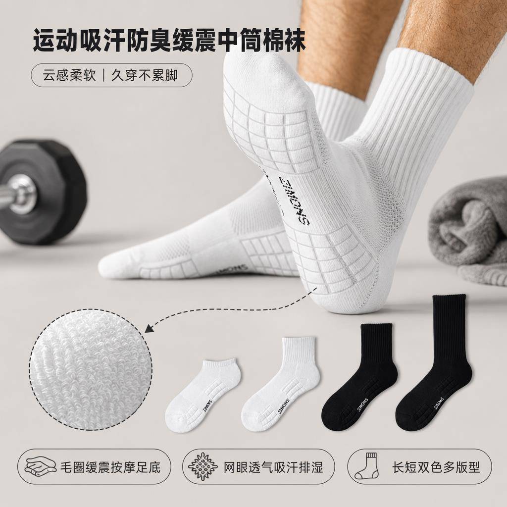 军训防臭吸汗运动袜子男中筒袜学生网眼毛巾底运动纯棉袜白色篮球