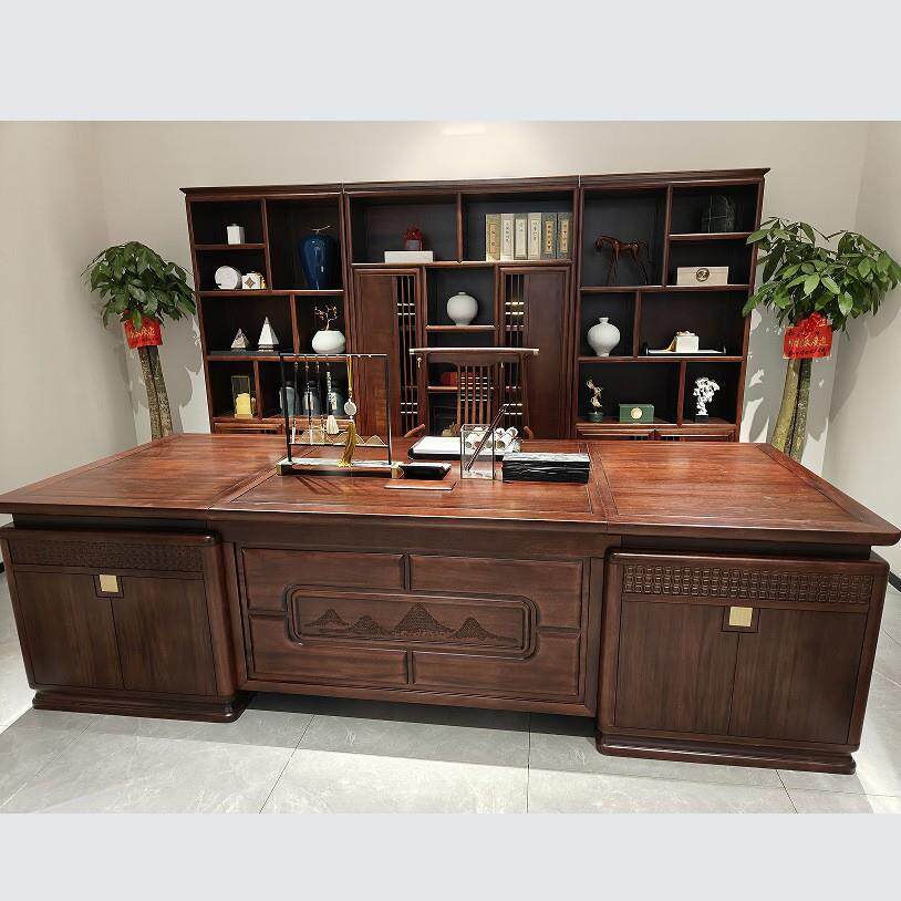 乌金木实木大班台老板桌董事长单人办公桌新中式实木书桌家具工厂