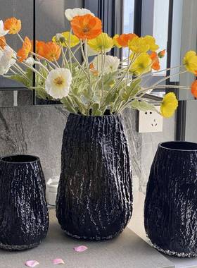 HJM-新款轻奢黑色树皮纹玻璃花瓶居家客厅阳台餐桌插花器软装摆件