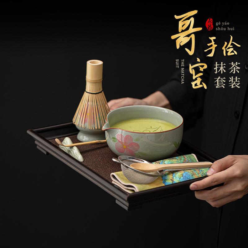 哥窑手绘抹茶套装八件套陶瓷开片点茶碗百本立茶筅立仿宋点茶工具