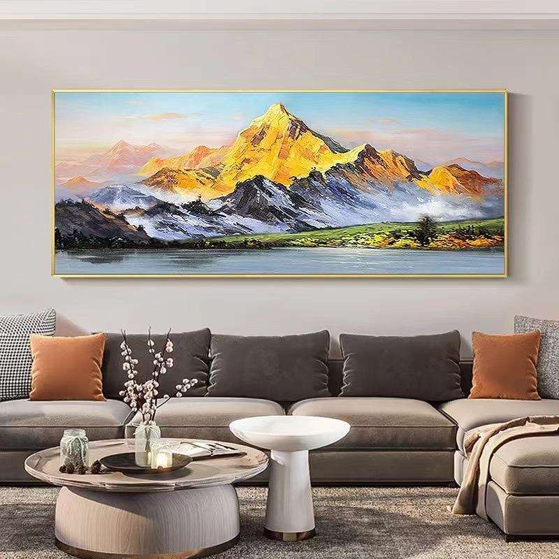 纯手绘日照金山新中式装饰画高档风景山水挂画客厅大尺寸横幅油画