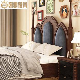 红橡木中古风实木主卧大床法式复古高箱储物双人床垫美式卧室家具