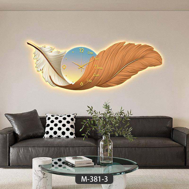 led带灯钟表壁画羽毛轻奢高档大气高级感饭厅餐厅装饰画客厅挂画