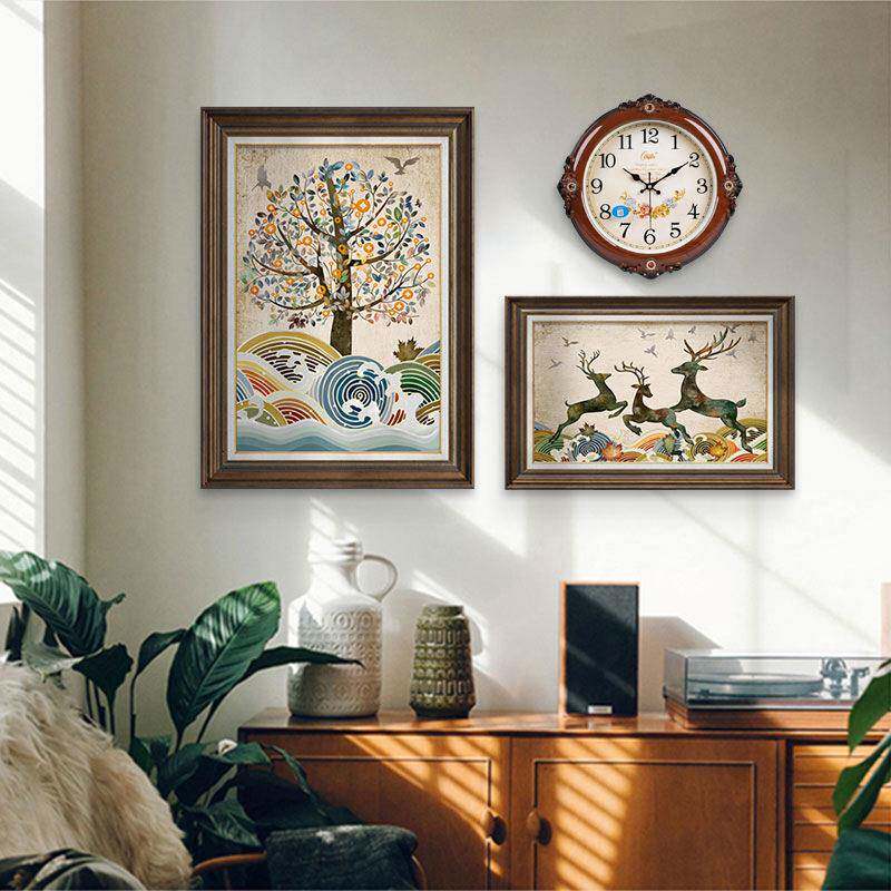 美式餐厅装饰画带钟表简美饭店饭厅餐桌墙面挂画欧式客厅组合壁画