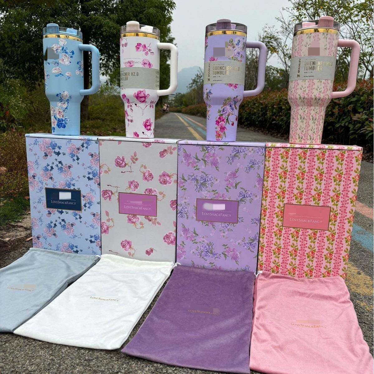 大容量冰霸杯40oz不锈钢汽车杯繁花高颜值带手柄带吸管保温杯