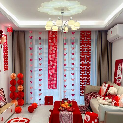 婚房布置套装客厅全套整屋装饰背景墙长条喜字蝴蝶串男方女方条幅