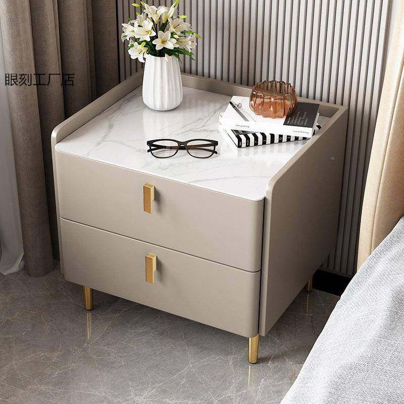 约高现代环保床头奢柜纯865实木岩板轻卧简室加高储物柜极简档收