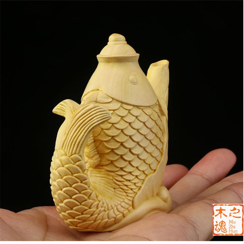 叶黄杨饰木LOG雕刻随身手家把件鲤鱼壶年年有余居装品车摆件茶小
