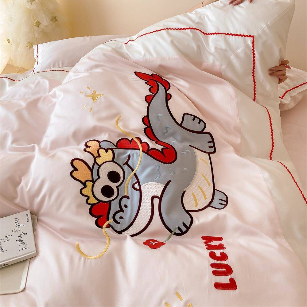 小龙可爱春夏天丝萌棉刺室绣织带童被单627GR4Xe床笠款儿卧床上用