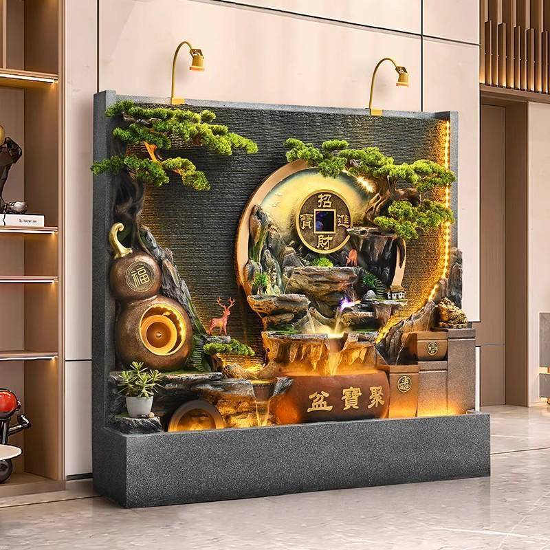 流水装摆客件奢厅玄关屏风隔断现代简约轻风水循环假山喷泉景KXR