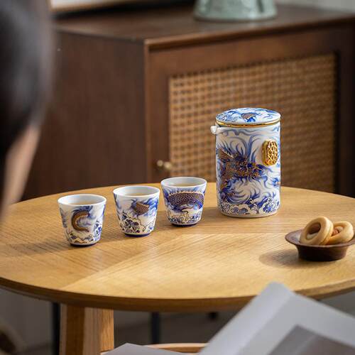 龙腾四海玉白瓷具旅行茶套装高便端简约携式收纳285包户外泡茶器
