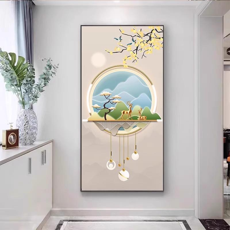 玄关装饰奢55455画九鱼图轻高档客厅大气鹿画入户进门走过廊道挂