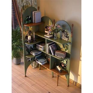 法复古实木转书架一体靠墙客厅书绿色蕉叶房2年025新款 书角柜储物