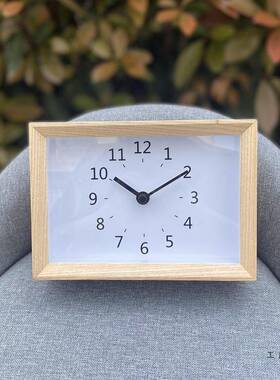 日湿式简约音实木桌面方钟卧室床头钟表白蜡静度时钟F96T5JT8温台