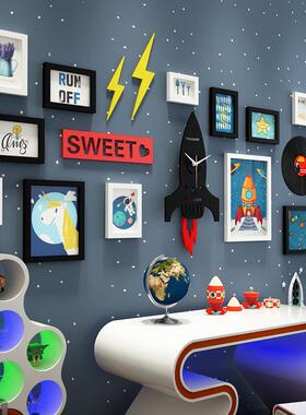 实木_726实4_卡通木照墙儿童装饰片组相合框火箭摇VLE摆钟表可换