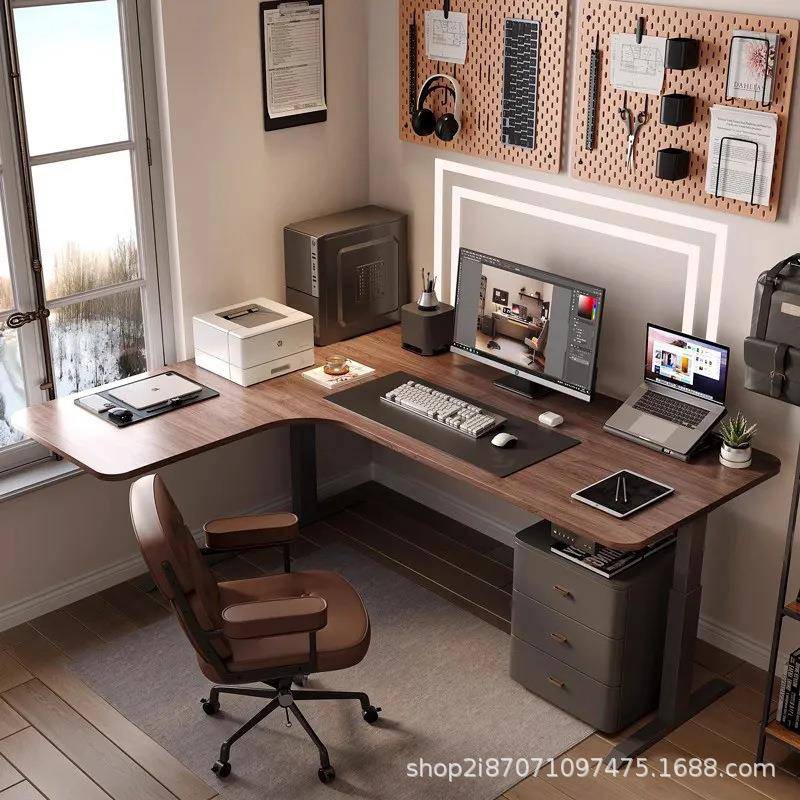 黑胡桃实木转角书桌电动VEX可升降lL型木现电桌代简约转角电脑竞