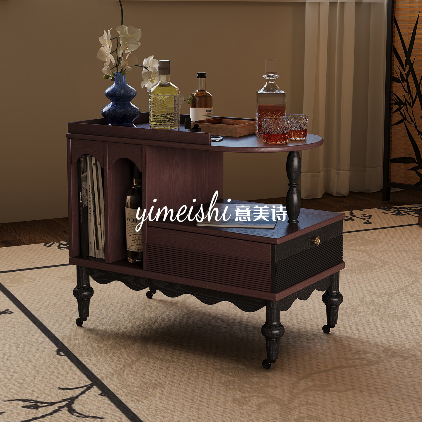 意美诗法式复古实木小推车置物架客厅中古风小茶几可移动沙发边几,住宅家具,移动边几/推车,淘宝优惠券,粉丝福利购,淘宝优惠卷