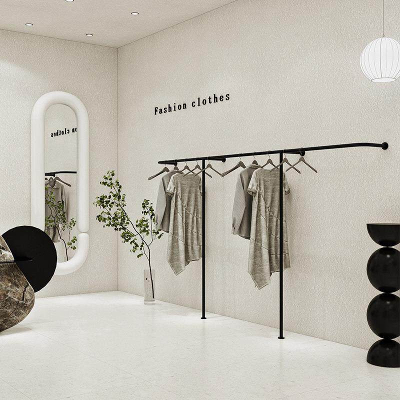 服装店展示架不锈钢黑色服饰上墙挂衣杆落地式陈列道具男女货架