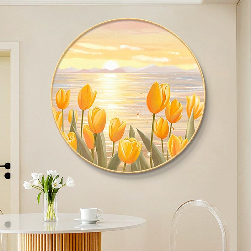 奶油风郁金香餐厅装饰画治愈系餐桌背景墙挂画高级感圆形玄关壁画