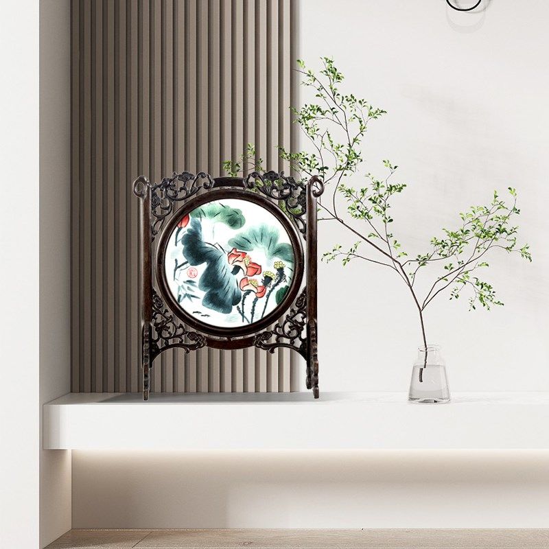 伊飞湘绣客厅书房家居装饰摆件手工刺绣双面绣台屏高档特色礼品