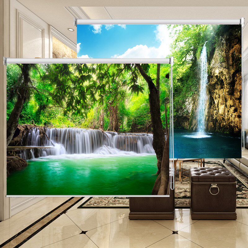 定制瀑布林涧山水风景画全遮光客厅办公室免打孔卷拉式帘卷帘窗帘