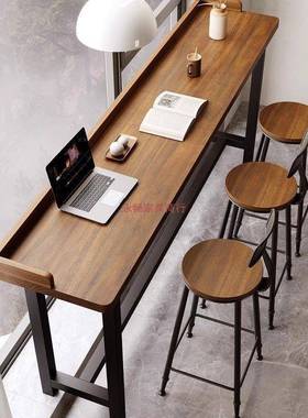 新款阳台吧台子简约实木长挡条板桌靠505窗靠高墙窄条脚桌桌椅组