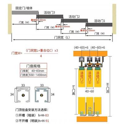滑极窄三联轨动推拉门静吊厨房实木门64184移门轨道音缓冲配件三