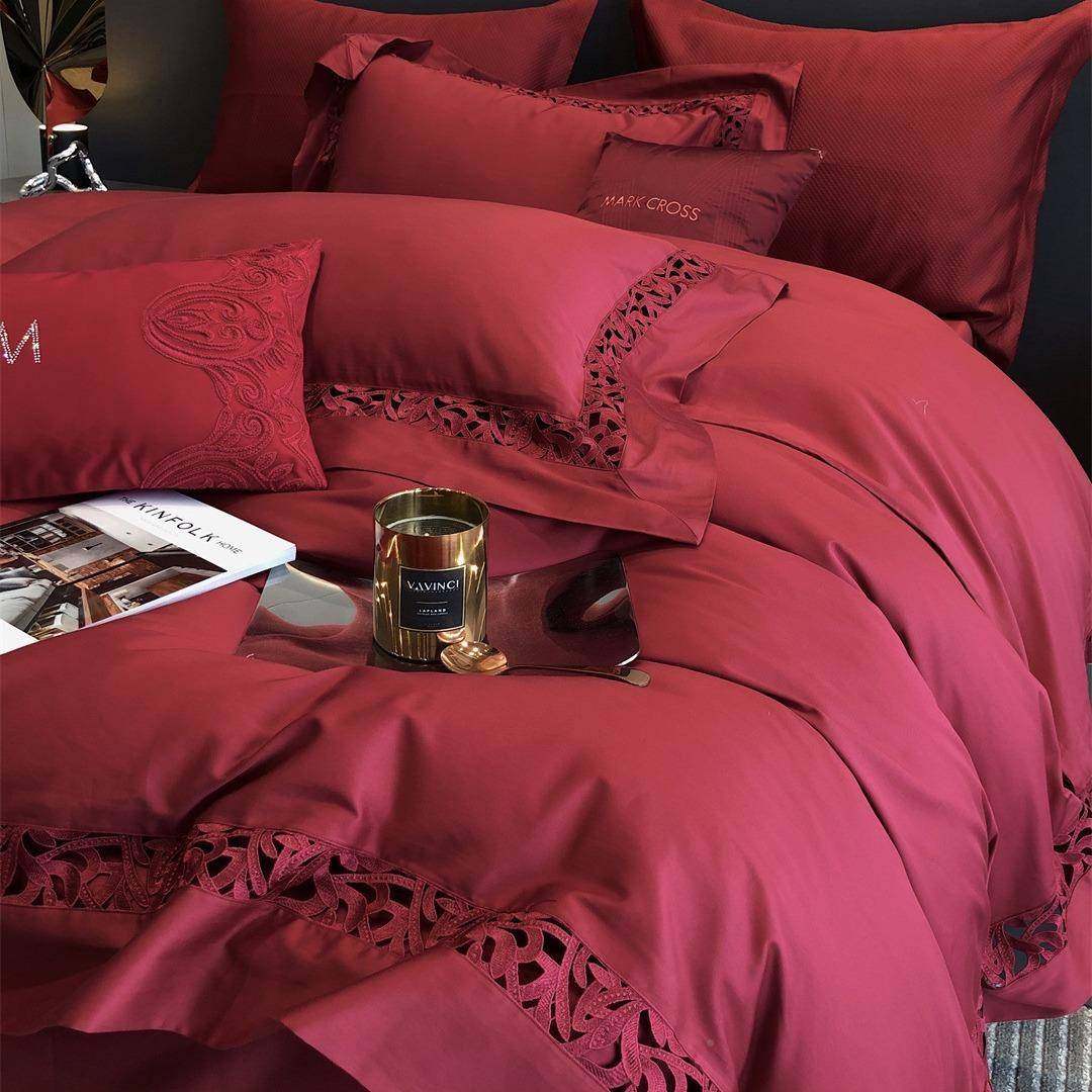 端婚庆大红色镂空寝具床用品S纯12022000400纯棉上长绒棉四件套家