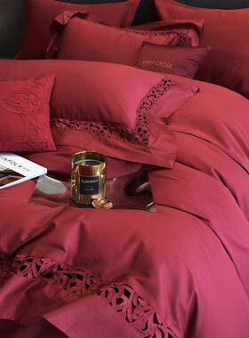 端婚庆大红色镂空寝具床用品S纯12022000400纯棉上长绒棉四件套家