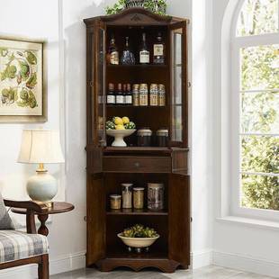 美式 带灯转角柜墙角柜965客全实木置物酒柜复角古拐角柜柜玻厅璃