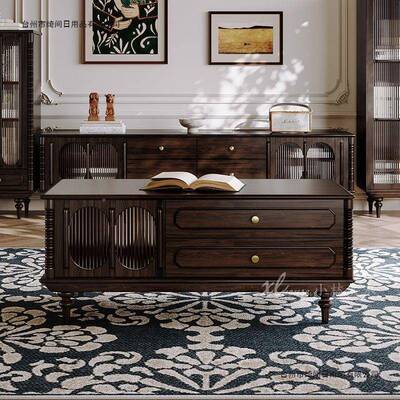 轻奢美纯实茶木电古KNA视柜几组合法式复小户型式中古风客厅电视