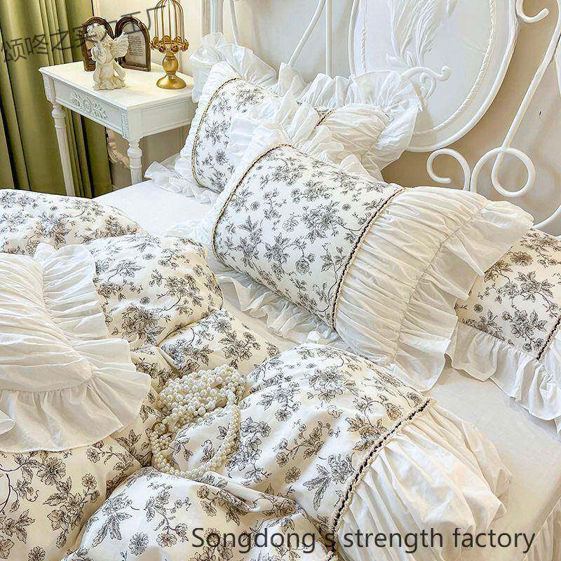 法式全棉枕套纯棉荷花颂咚之实边叶款枕头套装园风一对只田枕芯罩