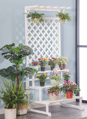 阶梯式实木花架白色蓝色吊兰架D多层阳台花架落地绿萝爬藤架防腐
