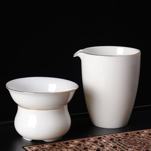 白瓷公道杯羊脂玉陶瓷分茶器描金高档茶具茶海茶漏茶滤过滤网漏斗