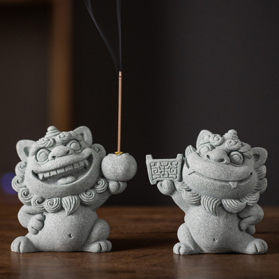 中式招财风狮爷香薰炉香插茶宠摆件创意举柿无双石狮子桌面装饰品
