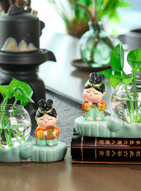 唐仕客厅工位插花透明玻璃器皿水养绿萝水培花瓶办公桌面装饰摆件