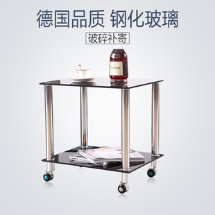 沙发边几小户型家用钢化玻璃方形桌子茶几可移动带滚轮转角小圆桌