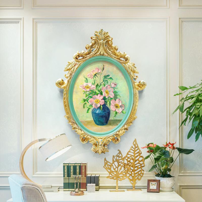 玄关挂画入户走廊装饰画餐厅画欧式轻奢软装画小众椭圆形花卉油画