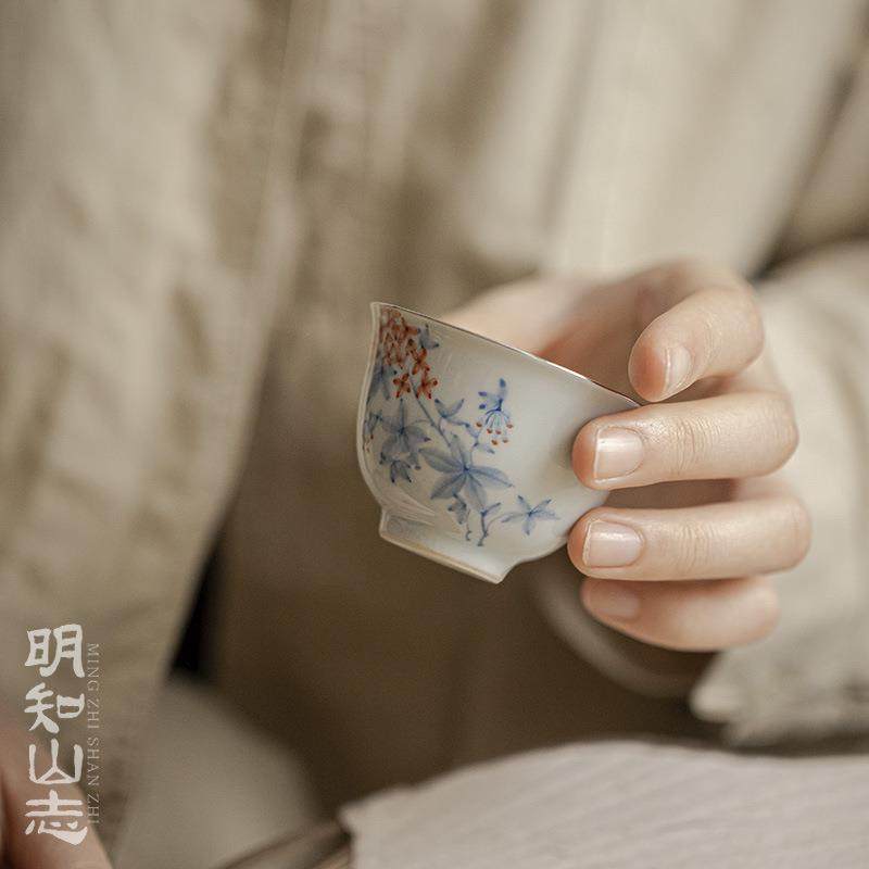 明知山志玉泥花时反秋福灵茶杯仿古手绘凌霄花品茗杯陶瓷单杯