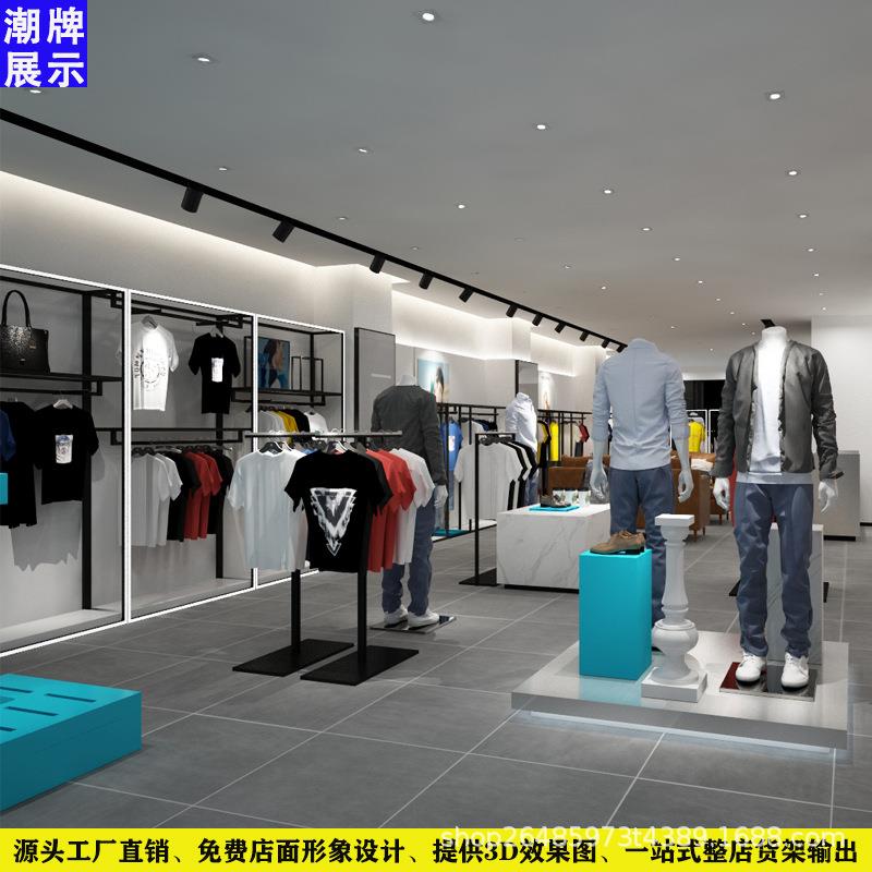 广州男装货架带灯不锈钢男装货架轻奢男装展示架时尚女装店货架