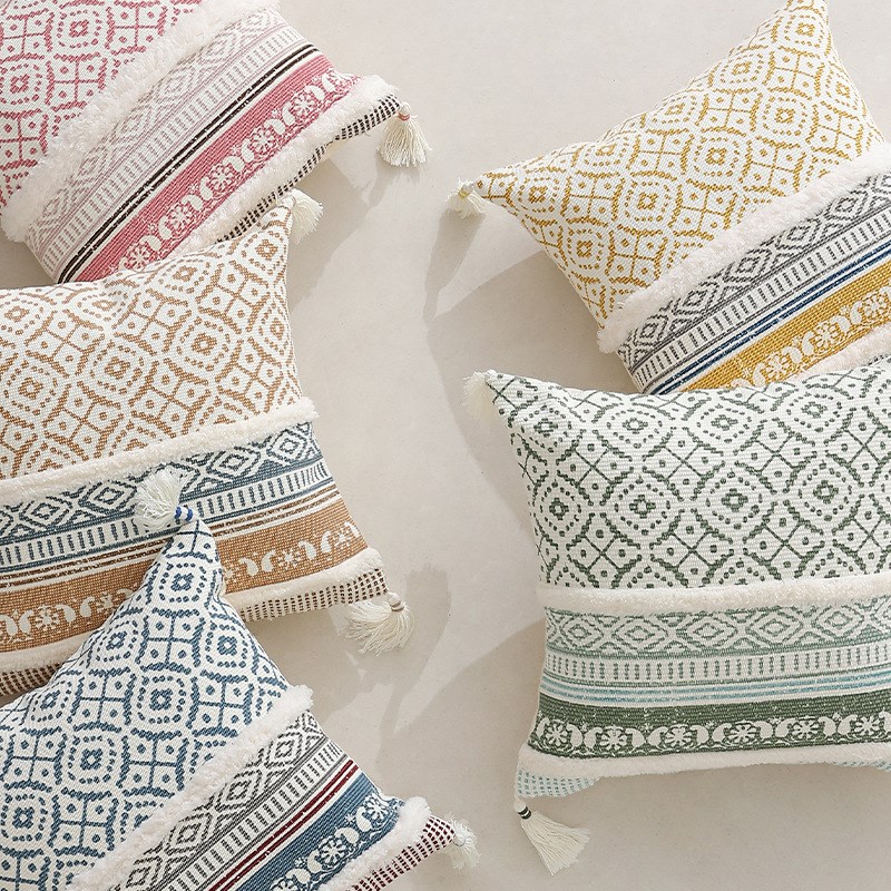 复古丝网印花流苏抱枕套美式风客厅沙发靠垫套办公会议室腰靠