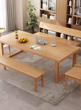 实木学习大书桌餐桌桌一体双人写字家用办公电脑多功能长桌桌RYN