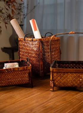 桐油大漆做复旧收纳古筐竹XPF编具茶收纳篮子竹编篮子竹茶具盒竹