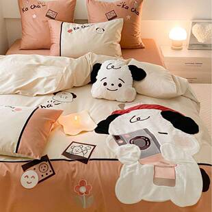 SKSA类春秋卡通刺床绣纯棉童单四件套可爱儿房件套全棉被套床三品
